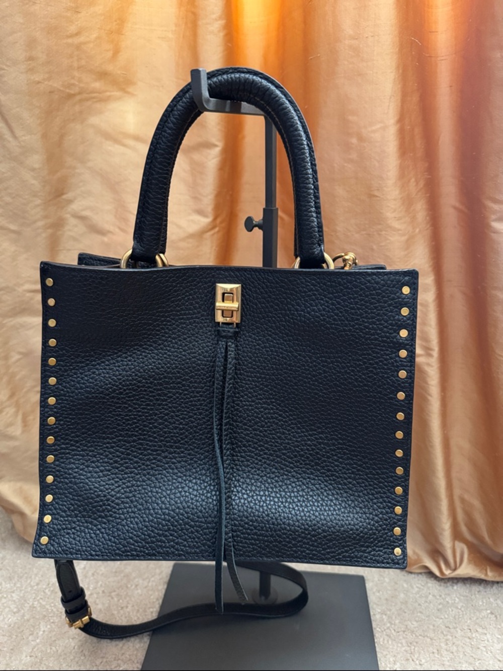 Rebecca Minkoff Black Pebbled Leather Satchel with Gold Studs